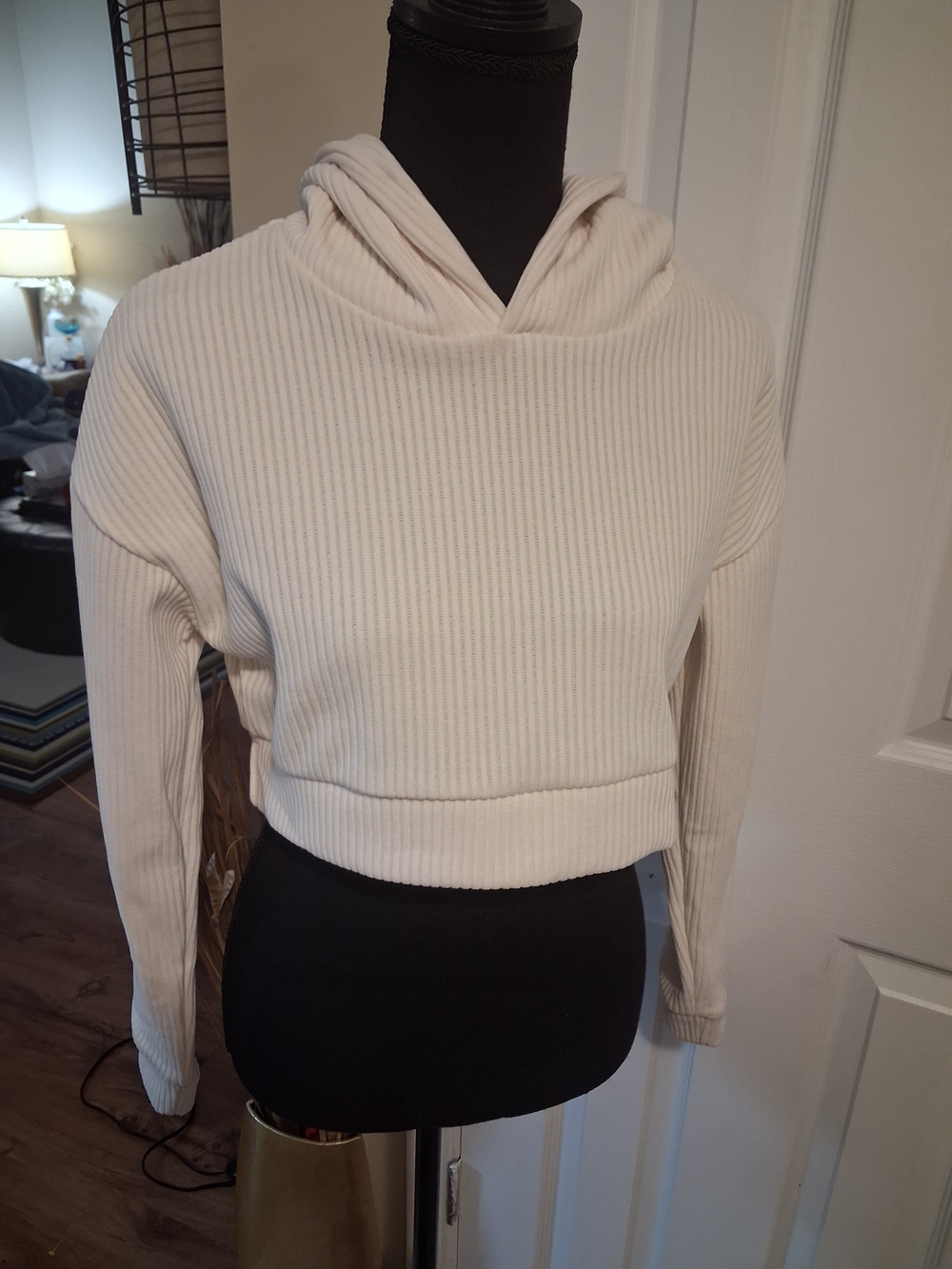 Ribbed Cropped Hooded Sweater - Cream